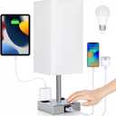 Bedside Lamp with USB Ports - Touch Control Table Lamp for Bedroom with USB C+A Charging Ports & AC Outlets, 3 Way Dimmable Nightstand Light for Living Room (LED Bulb Included, Chrome - White)