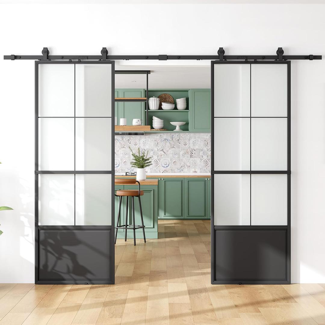 SmartStandard 76in x 84in Frosted Glass Sliding Barn Door,6-Panel Glass with Hardware Kit Included and Soft-Close, Aluminum Frame with Door Guides Waterproof & Quiet, Pre-Drilled Holes Easy Assembly