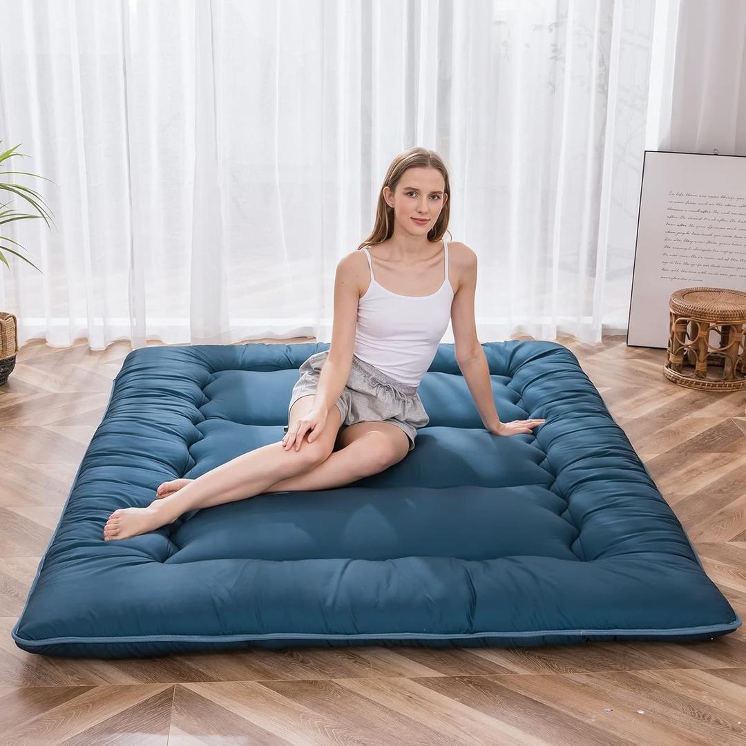 MAXYOYO Japanese Floor Mattress Futon Mattress, Thicken Sleeping Pad Foldable Roll Up Floor Futon for Adults Tatami Mat Dormitory Lounger, Bluestone, Full Size