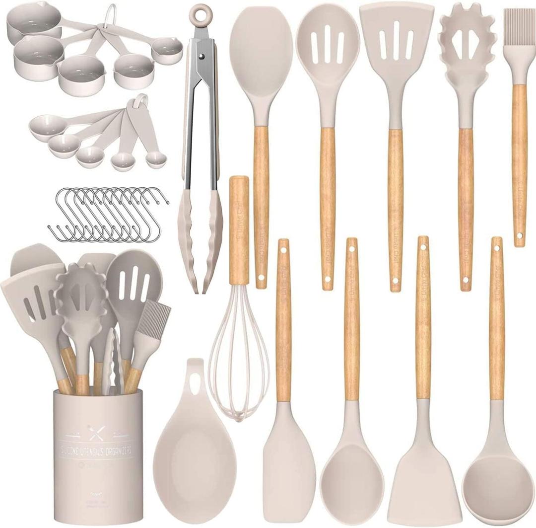 Umite Chef Kitchen Cooking Utensils Set, 33 pcs Non-Stick Silicone Cooking Kitchen Utensils Spatula Set with Holder, Wooden Handle Silicone Kitchen Gadgets Utensil Set (Khaki), Large
