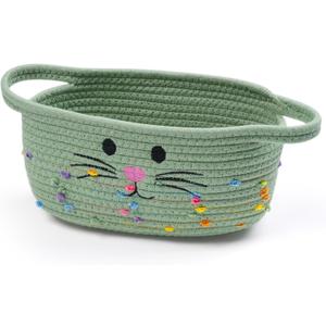 Small Woven Baskets for Organizing Rope with Handle Cute Cotton Basket for Nursery Gift Dog Cat Toy Storage Basket for Toy Organizer-Green
