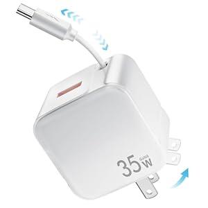 Retractable Wall Charger, 35W Fast USB Chargers Block with Type c Cable for iPhone 16 15, Galaxy S23 22, LG, Pixel, Portable Retractable Charger Wall Plug for Home Office Travel