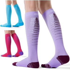CelerSport 3 Pairs Compression Socks for Men and Women 20-30 mmHg Running Support Socks (Large-X-Large, Purple+rose Red+blue)