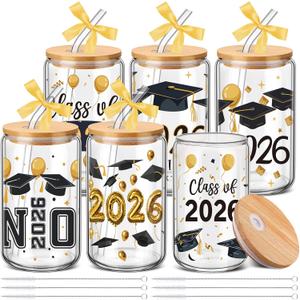 SiliFine 6 Pcs 2026 Graduation Gifts Class of 2026 Graduation Glass Cups with Lids and Straws 16 oz Grad Drinking Tumbler Graduate Iced Coffee Cup for College High School Student Grad Party Favor Gift