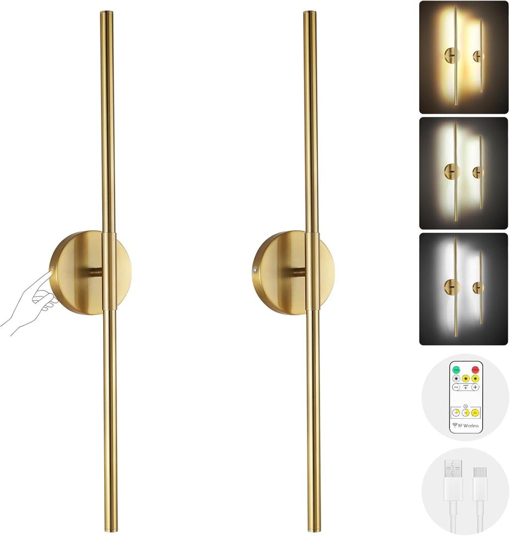 Wireless Battery Operated Wall Sconces with Remote, Gold Rechargeable Led Wall Lights Set of Two, Cordless Dimmable Battery Powered Wall Lamp Decor for Bedroom Living Room, 3 Color, 32 Inch