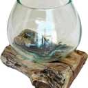 Small Hand-Blown Melted Glass Fish Bowl Vase Terrarium on Driftwood Base  Decorative Centerpiece Full or Empty