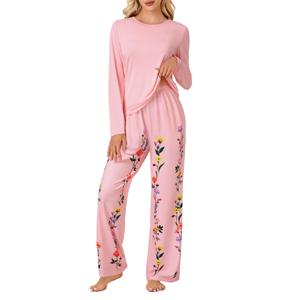 LYANER Women's Pajama Sets Long Sleeve Top and Floral Pants Pjs 2 Piece Sleepwear with Pockets Pink Large