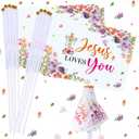 Outus 30 Pcs Jesus Stick Flags Jesus Love You Decorations Small Mini Handheld Flags for Religious Christian Sunday School Baptism Gifts Party Favors Supplies Spring Summer Floral Outdoor Indoor Decor
