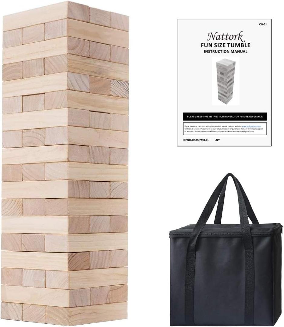 Nattork Giant Tumbling Tower (Stack from 1.77Ft to 4+ Ft), Wood Stacking Giant Blocks Game| Made from Premium Pine Wood| Ideal for Family, 54PCS