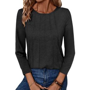 TICTICMIMI Women's 3/4 Sleeve Tops Crew Neck Pleated T Shirts Loose Fit Tunic Shirts (Large, Black)