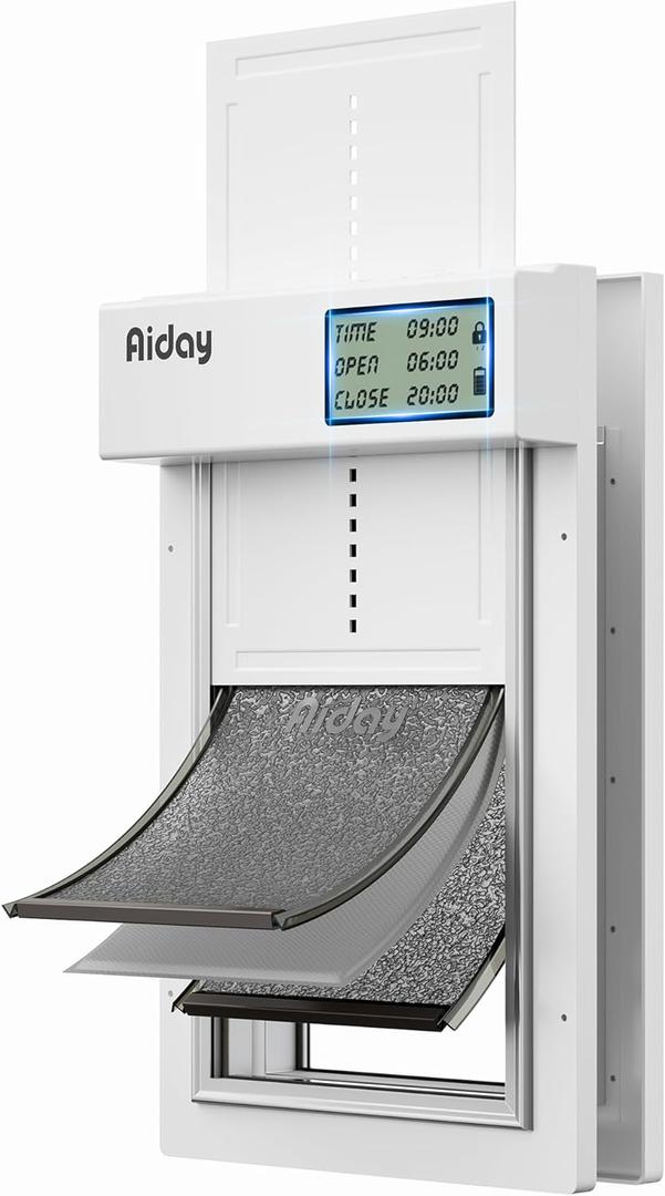 Automatic Dog Door for Exterior Door with Manual/Timer Modes, 3-Flap Medium Electronic Smart Doggy Door with LCD Display, Battery-Powered, Anti-Pinch, Aluminum Frame&Panels - M