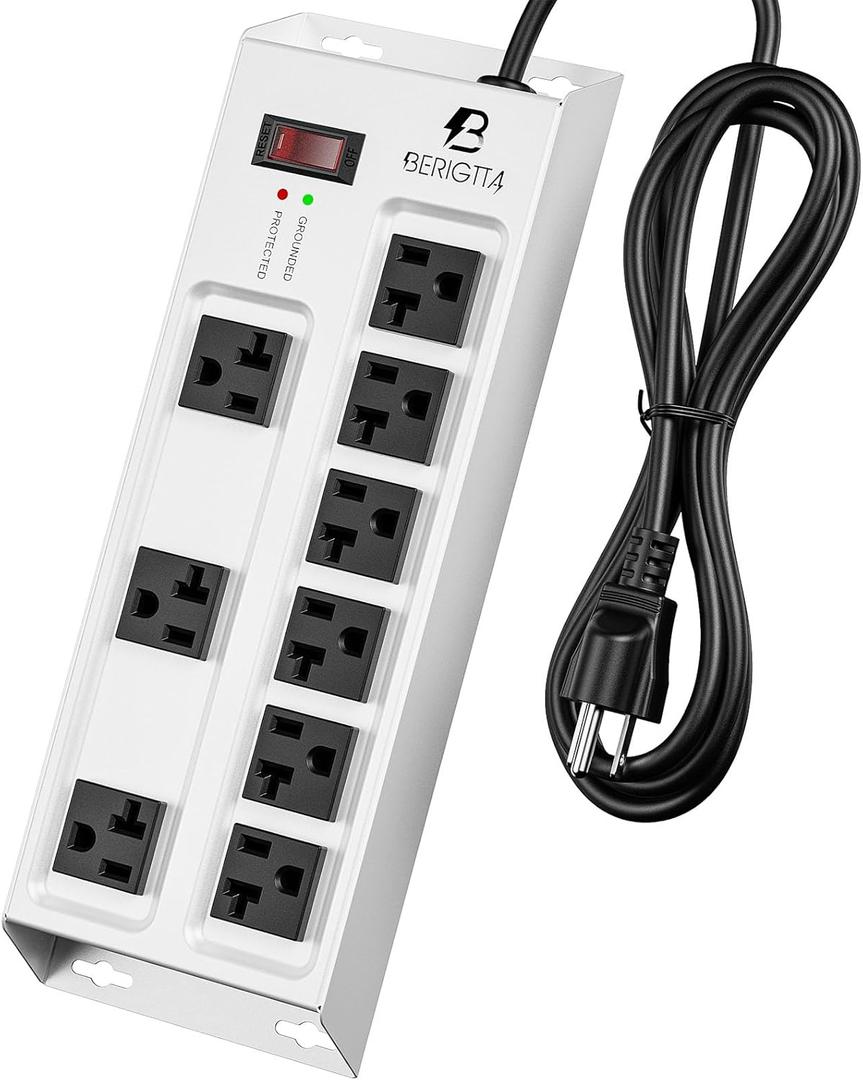Magnetic Heavy Duty 20A Power Strip with Surge Protector, 9-Outlet Metal Junction Box with 6FT 12/3 Gauge Cord, for Garage, Workshop & Appliance (Silver)