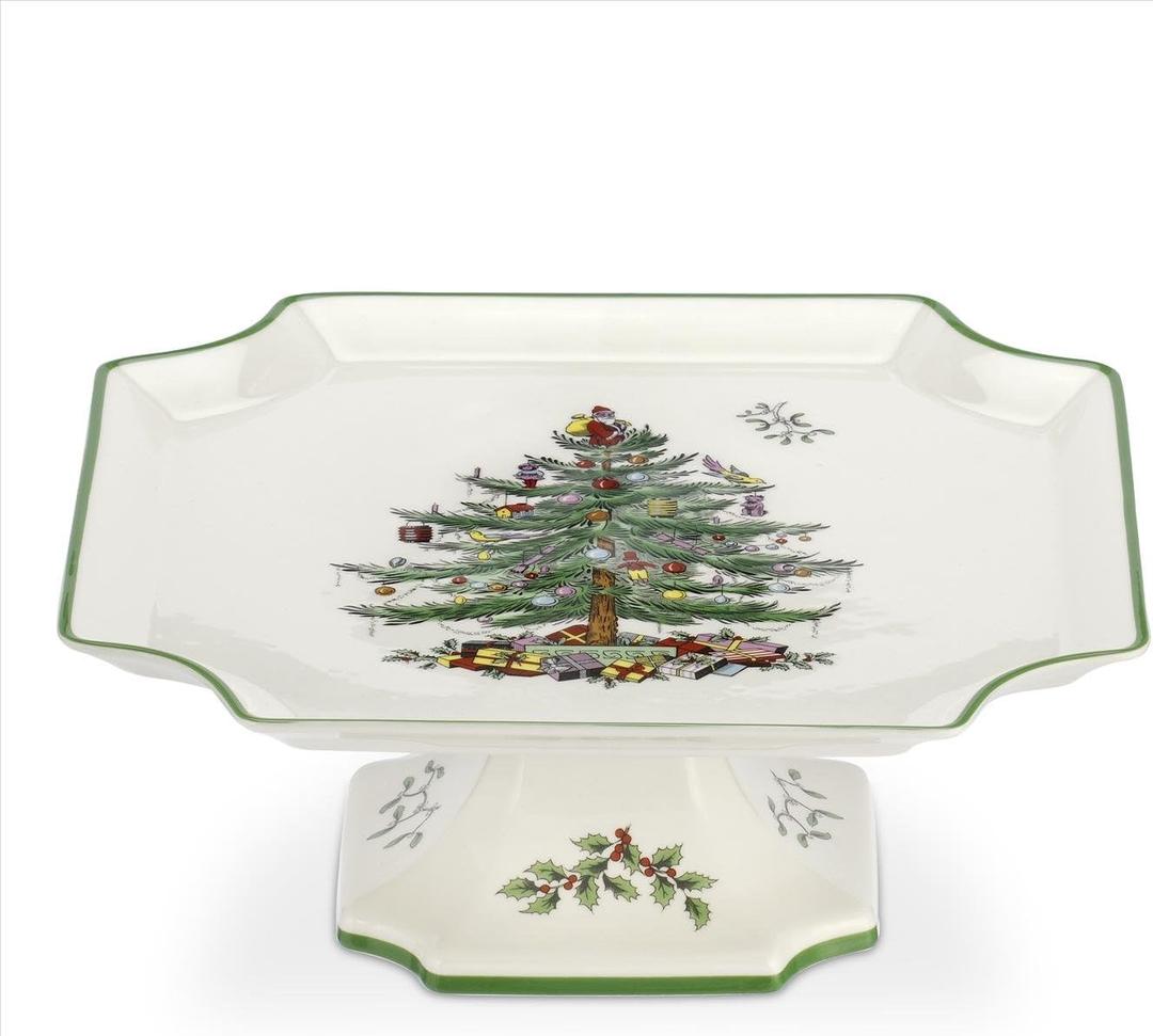 Spode Christmas Tree Footed Square Cake Plate - 10-Inch Holiday Cake Stand for Desserts, Cupcakes, and Treat Display - Made of Fine Porcelain with Iconic Christmas Tree Design, Dishwasher Safe