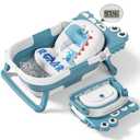 Collapsible Baby Bathtub for Newborn, Foldable Baby Bath Tub with Thermometer & Soft Floating Cushion & Drain Hole, Portable Travel Infant Bath Tubs for Newborns to Toddler 0-36 Months Girl, Blue