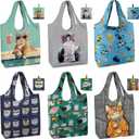 BeeGreen Cat Reusable Shopping Bags Cute Grocery Bag 6 Pack, Christmas Gift Bags Heavy-Duty Foldable Shopping Totes for Supermarket, Work & Travel, Large Washable Polyester Tote Bag with Handles