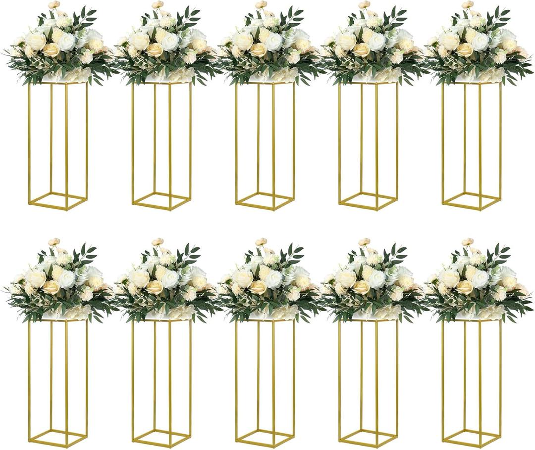 YALLOVE 10 Pack 23.75 Inch Gold Wedding Flower Stand Metal Vase Column Stand Geometric Centerpiece Vase for Home Party Wedding Decorations, Rectangular Flower Display Rack