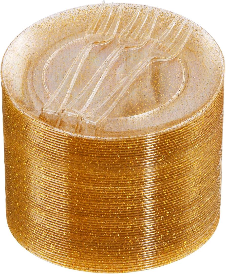 Festiva 200Pcs Gold Glitter Dessert Plates 6.3" with Forks 5"-Small Plastic Dessert/Cake/Appetizer Plates Disposable for 100 Guests Birthday Party&Wedding&Easter