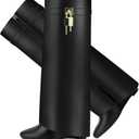 Fold Over Boots for Women Pointy Pull-on Wedge Heel Knee Shark Boot With Side Zipper Padlock Design (8, Black)