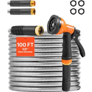 VEVOR Garden Hose Metal 100FT – Heavy Duty Stainless Steel Water Hose, Flexible, No Kink & Tangle, Puncture Resistant & Rust Proof, Lightweight w/ 10Function Spray Nozzle for Yard, Outdoor, Gardening