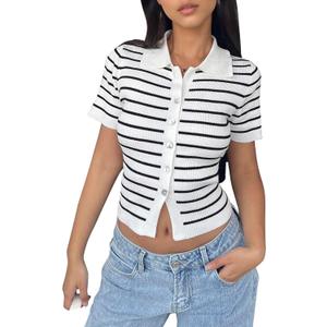 Women Short Sleeve Striped Knitted Tops Lapel Collared Button Down Cropped Cardigan Sweaters White (White, L)