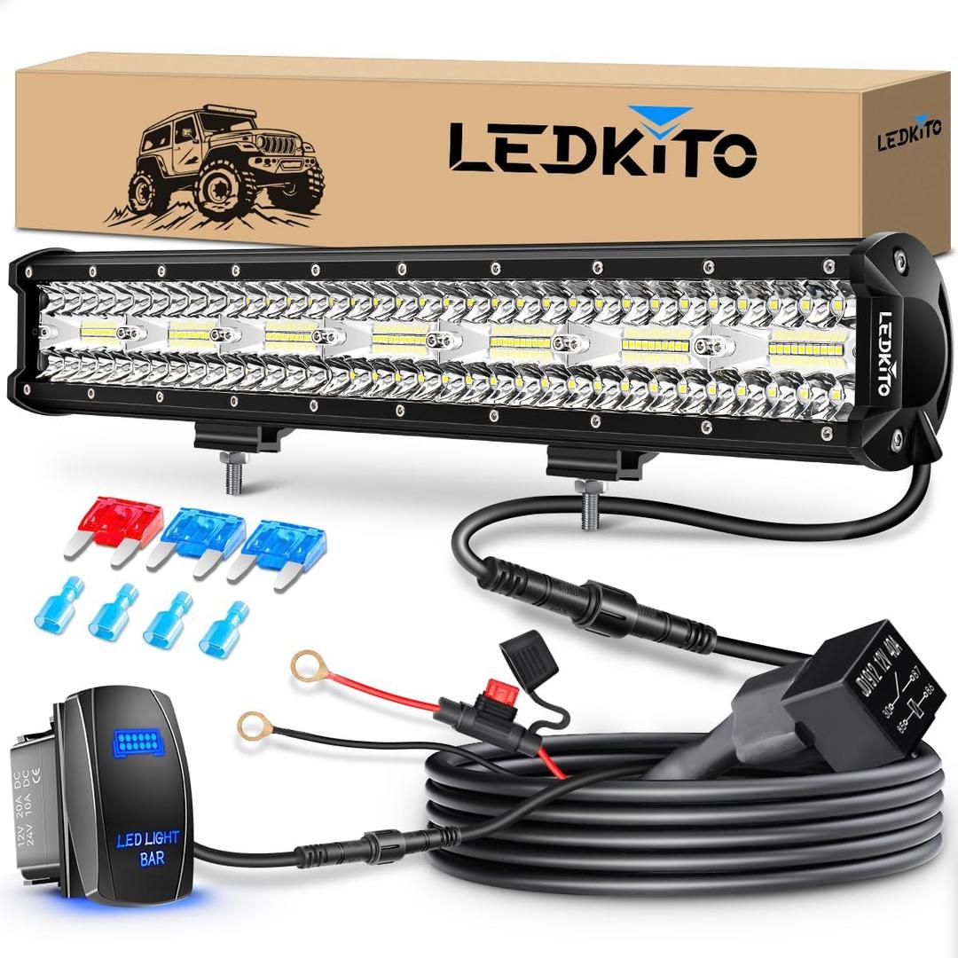 20 Inch LED Light Bar Kit with 5 Pin Rocker Switch Wiring Harness Triple Row Spot Flood Combo Off Road Light LED Work Lights for Trucks ATV UTV Boat Pickup Tractor
