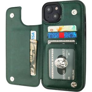ONETOP Compatible with iPhone 15 Plus Wallet Case with Card Holder, PU Leather Kickstand Card Slots Case, Double Magnetic Clasp and Durable Shockproof Cover 6.7 Inch (Green)