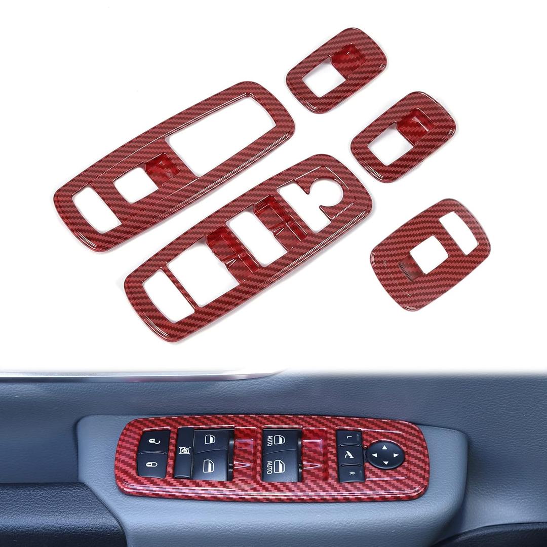 Voodonala Window Lift Switch Power Window Control Regulator Button Embellishment Trim 2018-2025+ Dodge RAM Interior Accessories ABS Red Carbon Fiber 5pcs