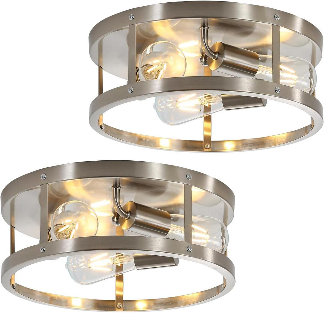 3-Light Semi Flush Mount Ceiling Light, 13inch Brushed Nickel Metal Cage Light Fixture Ceiling Mount, Farmhouse Closed to Ceiling Mount Lamps, Industrial Pendant Lighting, 2 Pack