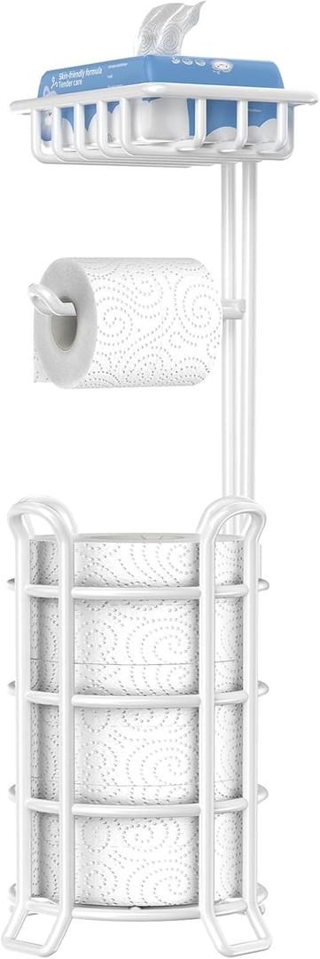 TomCare Toilet Paper Holder Stand with Shelf 4 Raised Feet Upgraded Free Standing Toilet Paper Roll Storage with Tissue Paper Dispenser Metal Bathroom Storage Organization (White)