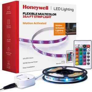 Honeywell 16.4ft Indoor LED Strip Light - Color Changing RGB, Motion Activated with Remote Control - for Bedroom, Kitchen, Dorm, Game Room, Cabinets, Etc - Wall Plug 12 Volt No Battery