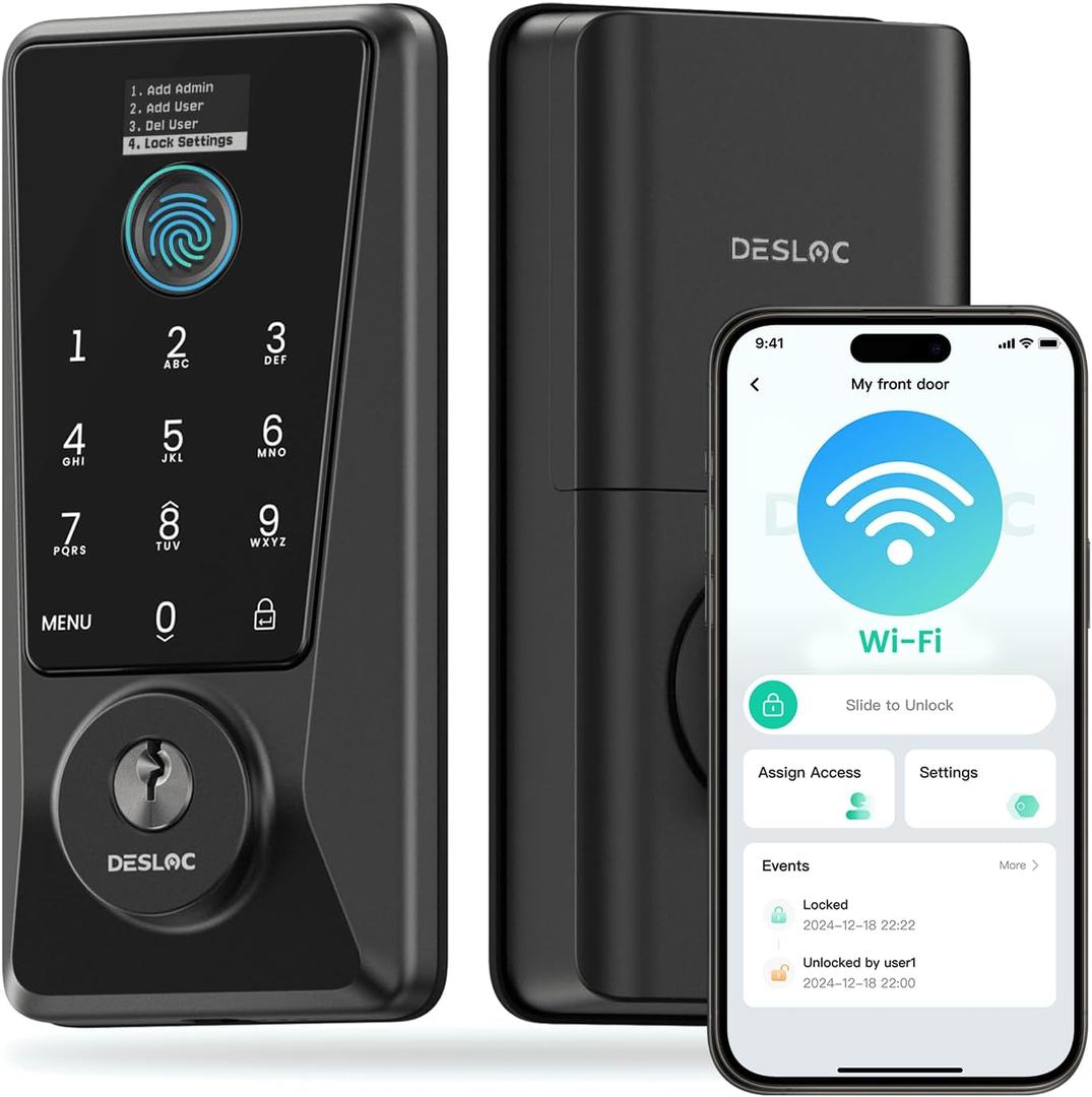 DESLOC WiFi Smart Lock D110 Plus, Built-in Wi-Fi No Hub Needed, Fingerprint Keyless Entry Front Door Lock, Touchscreen Keypad Deadbolt, Remote Control, Auto Lock, Anti-Peep PIN, BHMA, Alexa Compatible (Black)