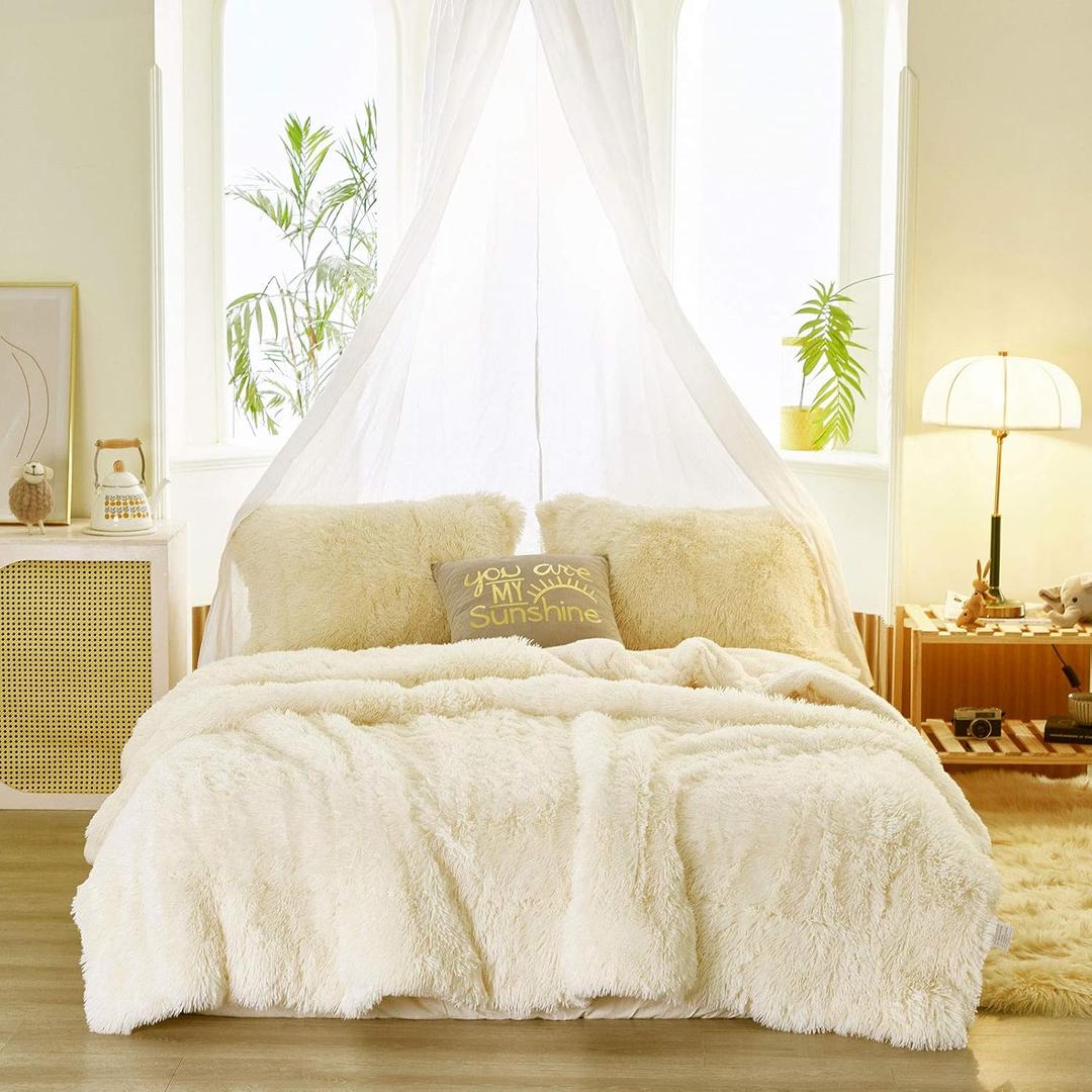 Joyreap 3-Piece Plush Shaggy Comforter Set, Twin Size Luxury Faux Fur Velvet Fluffy Bedding Set for All Season (Cream White, 68x86 inches)