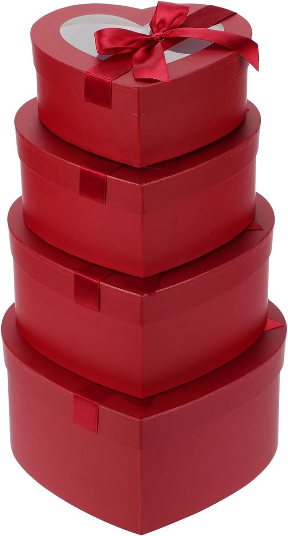 Oairse Heart Shaped Boxes for Flower Arrangements Red Heart Box for Flowers Set of 4 Nesting Gift Boxes with Clear Lids for Present, Bridesmaid, Proposal, Wedding, Birthday