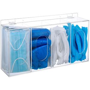 Soaoo 1 Pcs Shoe Cover Dispenser Gloves Holder Wall Mounted Clear Acrylic Face Mask Box Organizer Dispenser Box with Lids 4 Compartments Hairnet Holder Disposable Mask Storage for Laboratory Office