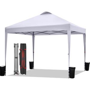 BONTEC 10x10ft Pop Up Canopy Tent, Portable Beach Tent and Instant Shelter, 1-Person Setup, Outdoor Sun Shade, Waterproof Folding Gazebo with Roller Bag and 4 Weight Bags, Silver- Coated Top, White