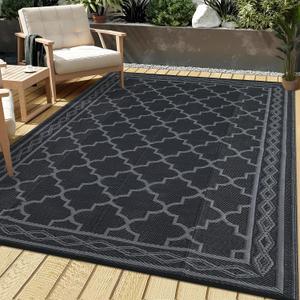 Garvee 9x12 Outdoor Rug Waterproof Patio Rug for RV Camping Black/Grey | Modern Bordered Geometric Rug, Waterproof Patio Rug, Reversible Outdoor Plastic Straw Rugs for RV Patio Porch Deck Balcony