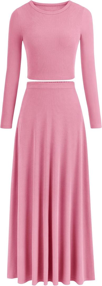PRETTYGARDEN Women's 2 Piece Outfits Matching Skirt Set | Cozy Ribbed Knit, Long Sleeve Shirts, Crop Tops, Flowy Long, A Line Maxi Skirts, Lounge Sets, Vacation, Fall Spring Clothes (Pink, XS)