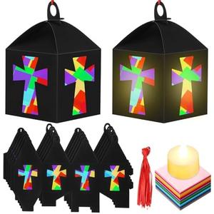 Simgoing 12 Sets 2026 VBS Sunday School Crafts Illumination Themed Religious Cross Crafts with LED Candle Light DIY Christian Cross Lantern Tissue Paper Kits Religious Hanging Church Ornament