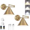 Rechargeable Swing Arm Wall Sconces Set of 2,Gold Battery Operated Wireless Dimmable 3 Color Wall Light with Remote,Cone Indoor Light Fixture for Bedside,Kitchen,Hallway,Living Room,Reading