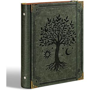 Leather 3 Ring Binder Fits 8.5"x11" Letter Size Paper, 1.5 Inch Round Ring Binder Holds 350 Sheets, Notepad Paper Cover Loose Leaf Organizer, Green Tree