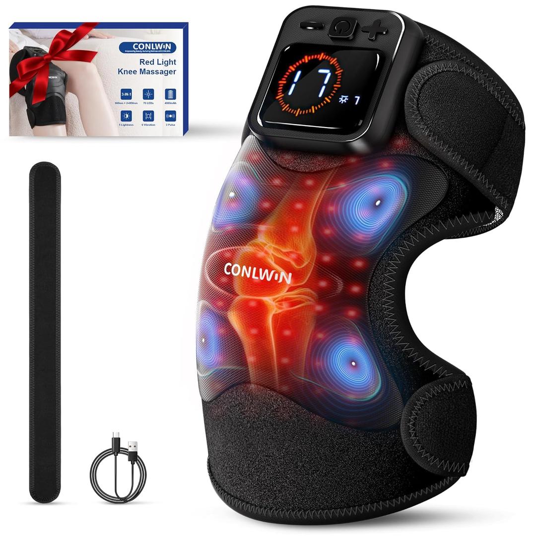 4-in-1 Cordless Knee Massager with Heat and Red Light Therapy for Knees, 6 Vibration & 4 Pulses Knee Pain Relief Device for Shoulder Elbow, Perfect for Women Men Seniors