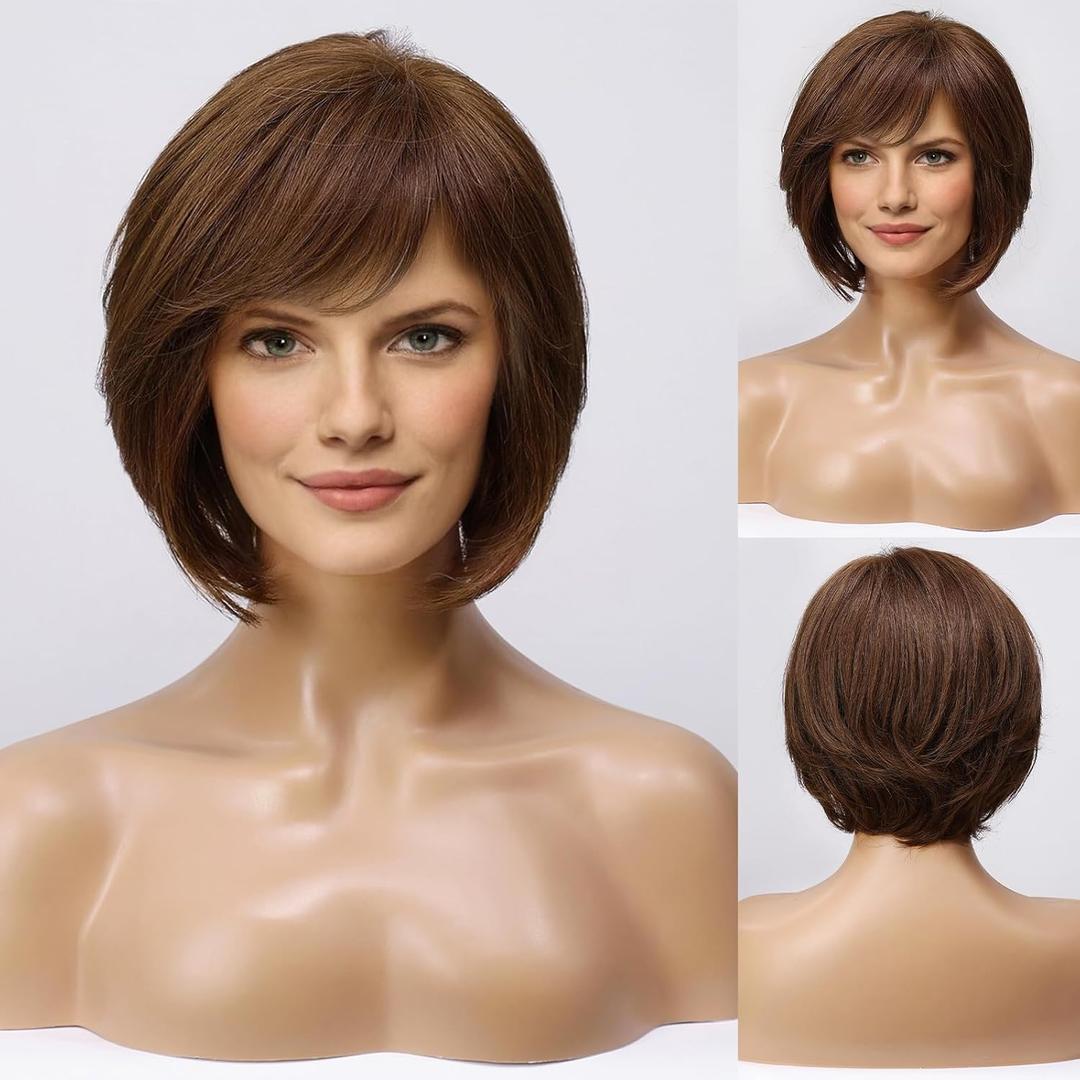 HAIRCUBE Short Brown Wig for Women Hand-Tied Lace Front Human Hair Wig Layered Bob Wig with Bangs Natural Wig for Daily Use