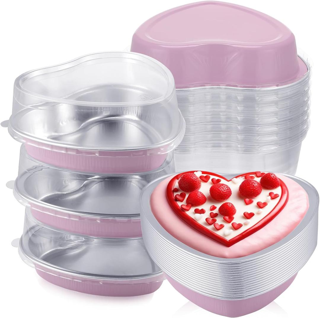 Fainne 12 Sets Mother's Day 5" Aluminum Foil Heart Shaped Cake Pans with Clear Lids 225 ml/ 7.92 oz Heart Cake Pan Mini Mother's Day Containers Disposable Dessert Baking Containers (Nude Pink)