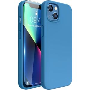 Miracase Designed for iPhone 13 Case, with Tempered Glass Screen Protector, [Soft Anti-Scratch Microfiber Lining], Shockproof Liquid Silicone Rubber Phone Case Cover for 13 6.1 inch, Capri Blue