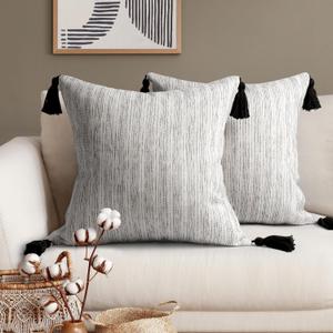 AELS 20x20 Decorative Farmhouse Linen Throw Pillow Covers with Tassels, Boho Textured Pillow Case, Set of 2, Beige with Ombre Black Stitch Yarn Dyed Stripe Cushion Cover (Cover ONLY)