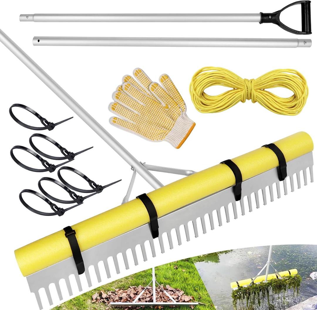 Pond Rake, 36" Aquatic Lake Weed Rake with 8.5' (102'') Adjustable Extension Pole, Rope and Float, 52' Throw, Aluminum Landscape Harrow for Lake, Lawns, Gardens, Beach