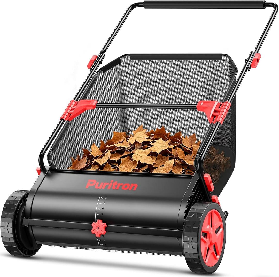 Push Lawn Sweeper, 26 Inch Leaf & Grass Collector, Strong Rubber Wheels & Heavy Duty Thickened Steel Durable to Use with Large Capacity 7 ft Mesh Collection Bag, 4 Spinning Brushes