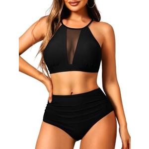 EHSUYAB 2 Piece High Waisted Bikini Set for Women, High Neck Bathing Suit Tummy Control, Ruched Full Coverage Modest Swimsuit, Black, M