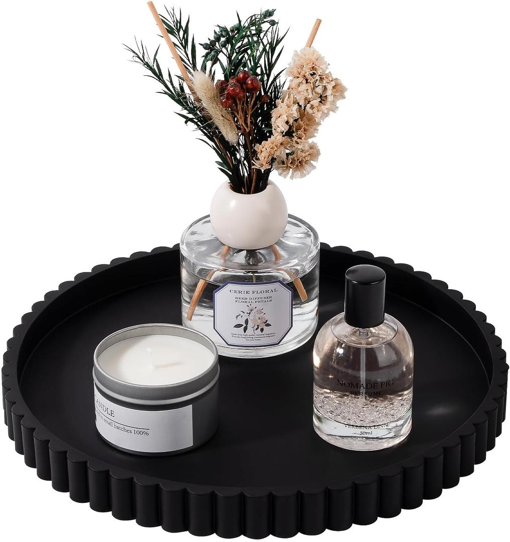 Round Bathroom Tray Silicone Kitchen Counter Decor Vanity Organizer Decorative Coffee Table Tray for Perfume, Candle, Soap Dish, 10 Inch, Black