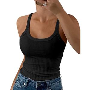 GEMBERA Women Spaghetti Strap Scoop Neck Ribbed Tank Tops Slim Fitted Cotton Camisole Basic Sleeveless Layering Shirts (Black, XL)